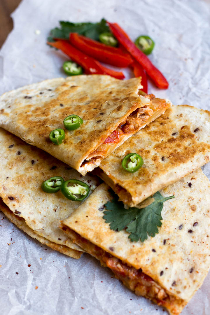 A Pakistani twist to a Mexican favourite, these desi chicken quesadillas are made with shredded chicken, sliced vegetables, lots of spices in a flour tortilla. 