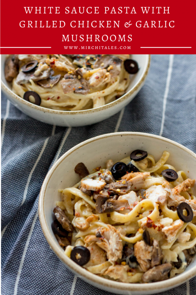 This white sauce pasta is all about indulgence. There’s buttery garlic mushrooms, spicy grilled chicken and a cheesy white sauce that brings everything together! 