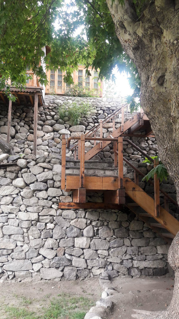 Steps leading upto the restaurant at Serena Khaplu Palace. On the right is the entrance and reception. On the left is Yabgo Ghar.