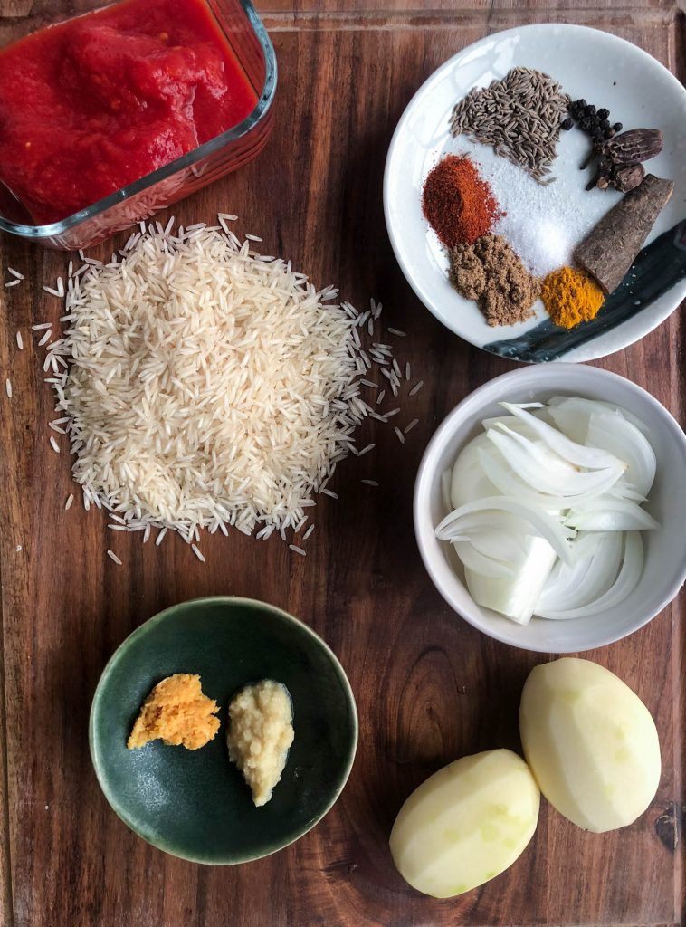 These are a list of ingredients that are used to make aloo ki tahari or aloo chawal. Similar to a pilaf, aloo ki tahari or spiced potato rice is a Pakistani / Indian vegetarian dish made with rice and potatoes. 