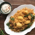 Similar to a pilaf, aloo ki tahari or spiced potato rice is a Pakistani / Indian vegetarian dish made with rice and potatoes. Other vegetables can be used but the most popular are potatoes. 