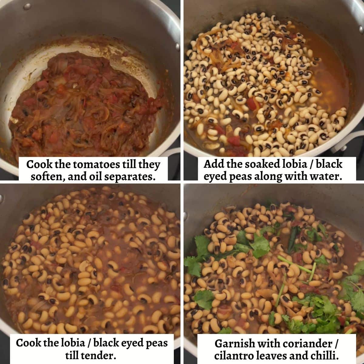 Recipe collage showing how to make lobia masala or black eyed peas curry.