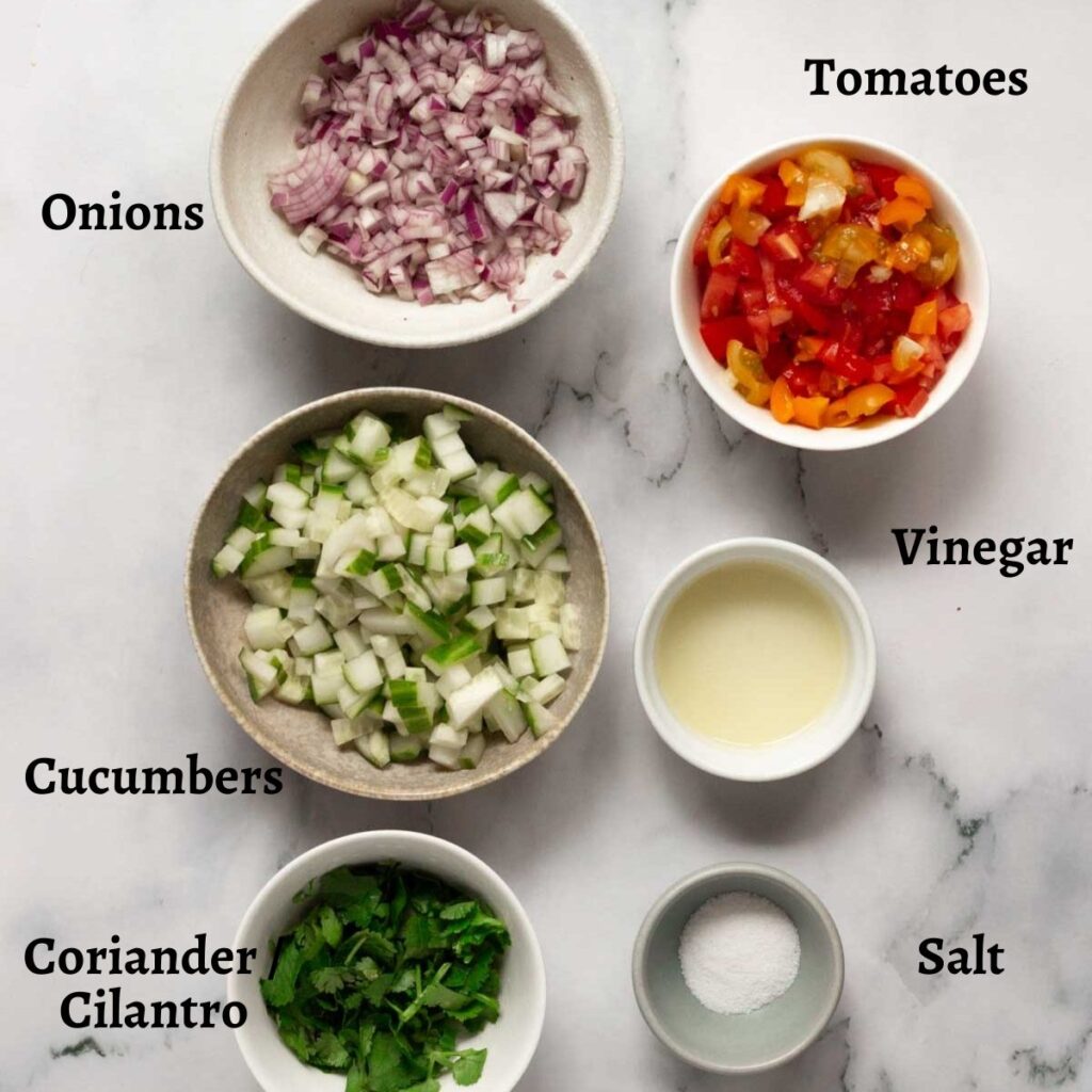 Ingredients laid out for kachumber salad. 