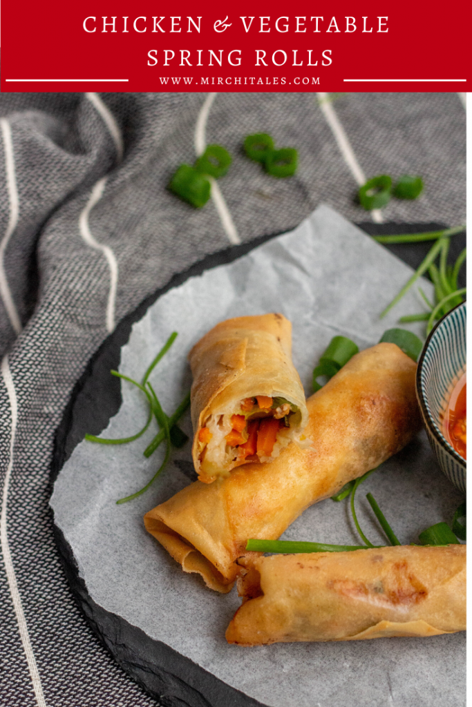 Packed with chicken, capsicum, carrots and cabbage these chicken and vegetable spring rolls are crispy, crunchy and absolutely delicious! Serve hot with ketchup or sweet chili sauce.