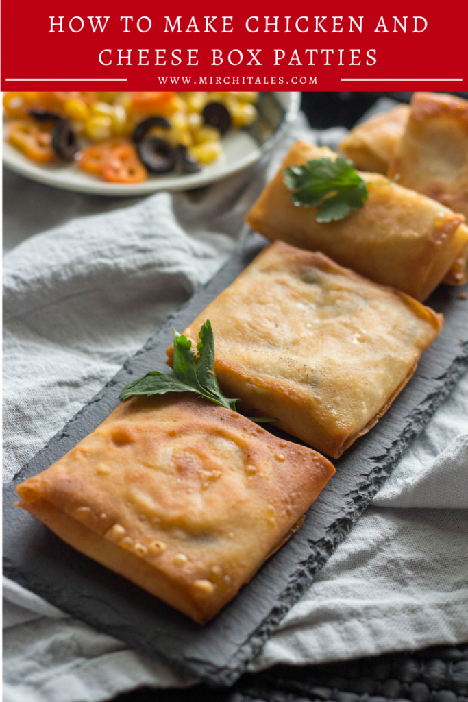 Box patties are a popular Pakistani snack, especially during Ramadan where they are served at Iftar time. Made with samosa sheets or spring roll wrappers they are filled with chicken, cheese and vegetables and fried till golden brown.