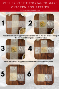 Step by step photos on how to make chicken box patties using samosa sheet or spring roll wrappers.