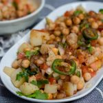 Aloo chana chaat is a Pakistani and Indian street food style snack made with potatoes and chickpeas. It’s super simple to make and is a perfect blend of spice with tanginess!