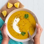 A bowl of vegan mulligatawny soup.