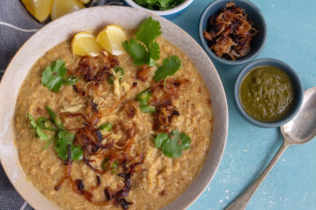 A bowl of chicken haleem made in the multicooker.