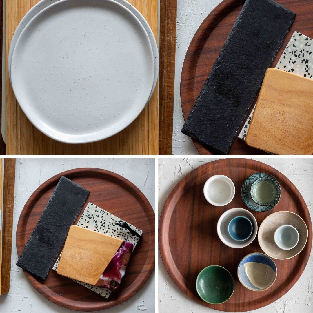 A selection of boards, dips and bowls for a cheese board