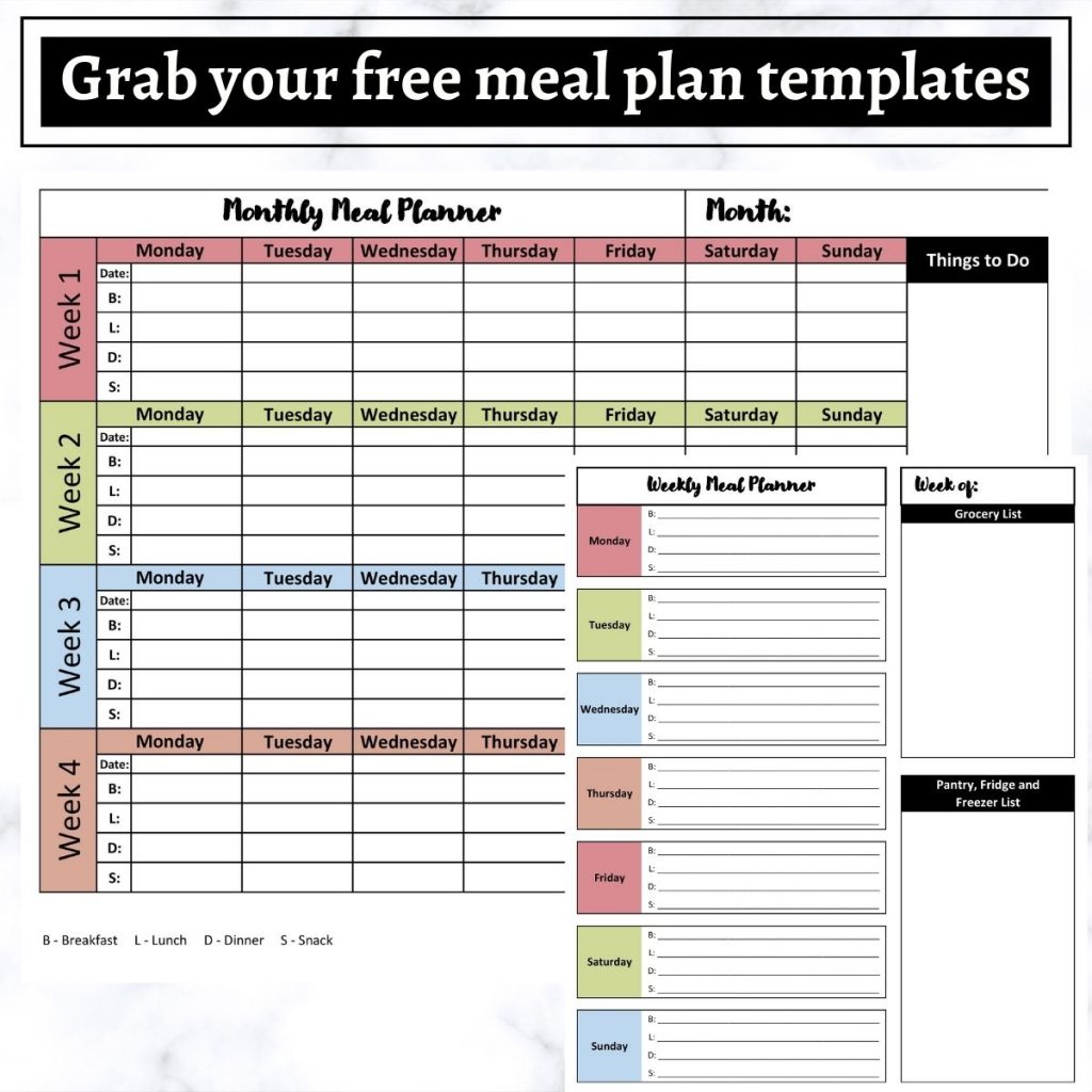 A picture of a weekly meal plan and a monthly meal plan. 