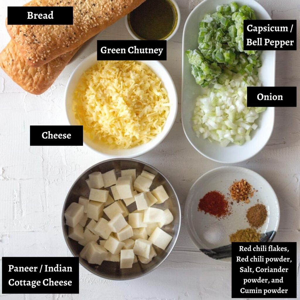 Ingredients laid out for paneer tikka sandwich.