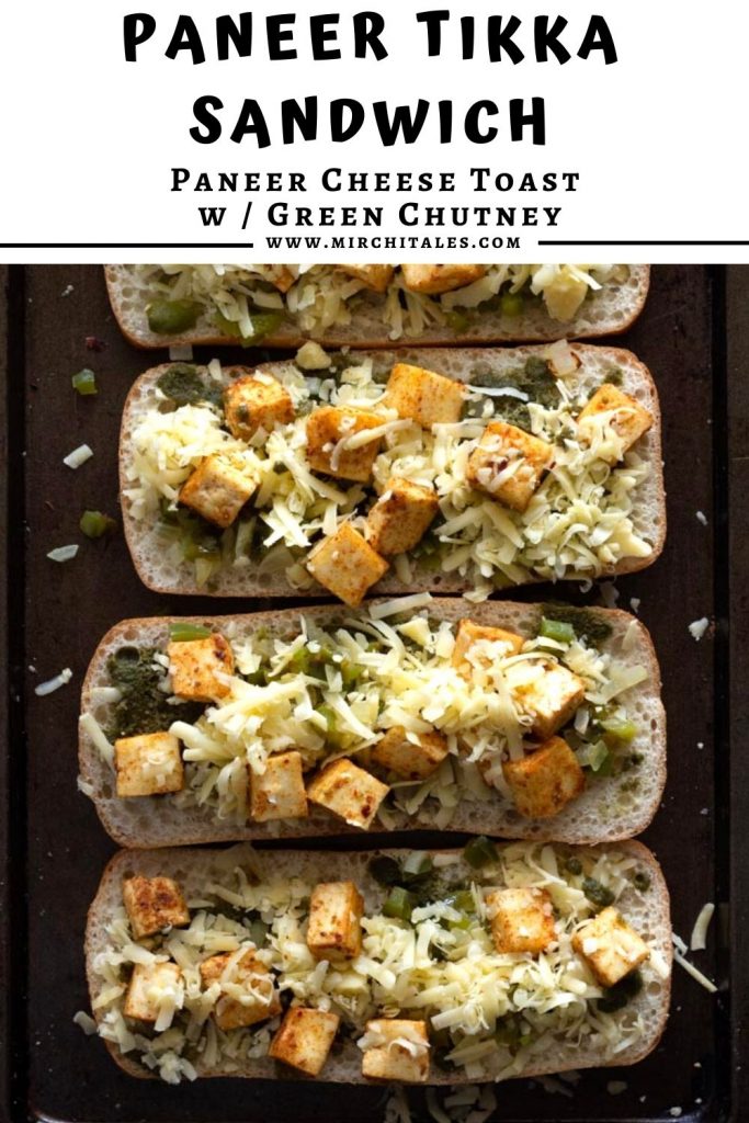 Four paneer tikka sandwiches laid out from top to bottom on a baking tray.