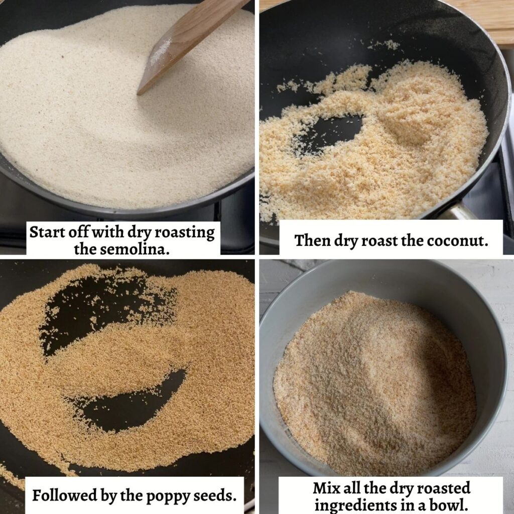 A visual representation of dry roasting ingredients for panjeeri.