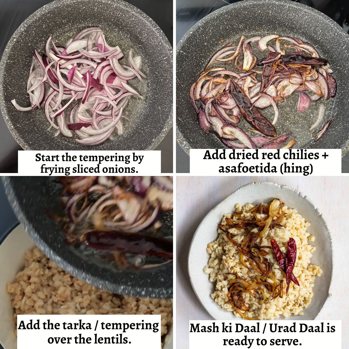 Four picture collage on how to do the tempering for mash ki daal.