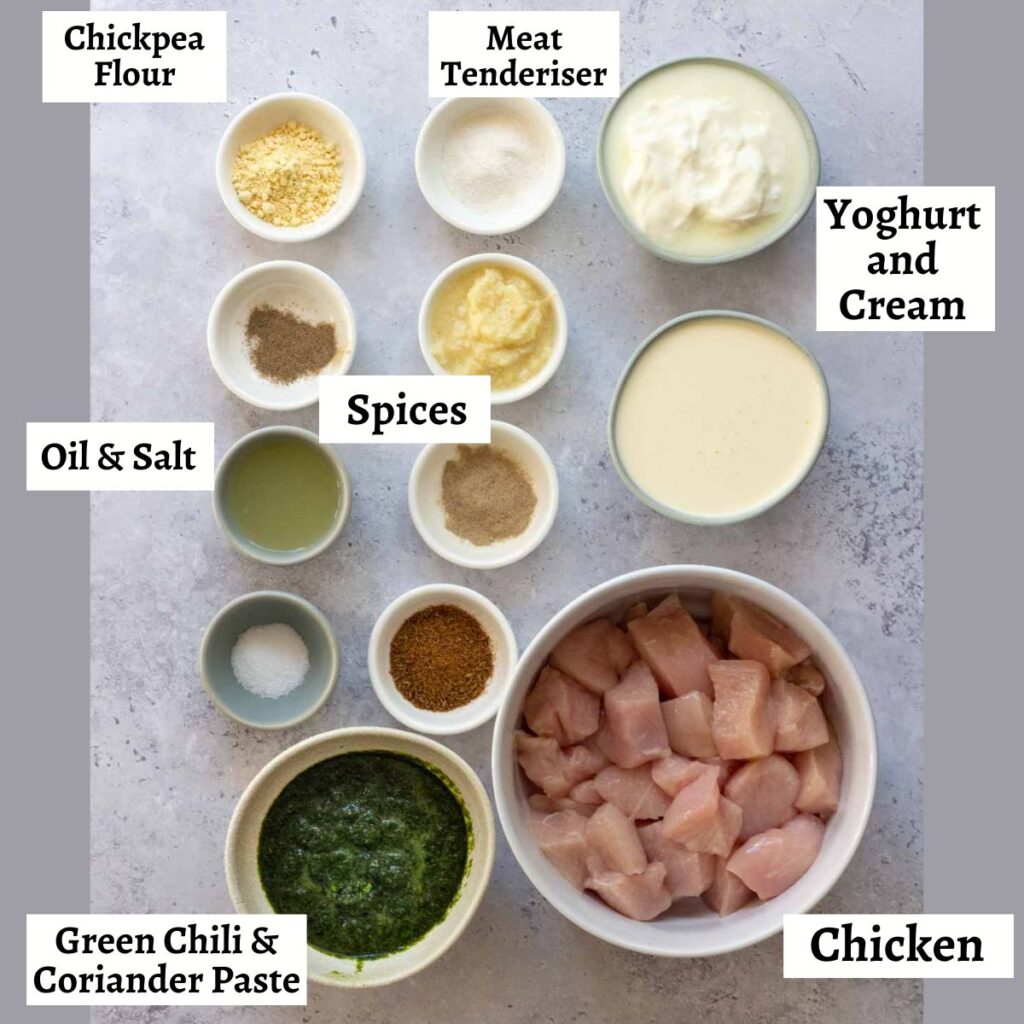 Ingredients for chicken malai tikka or chicken malai boti.